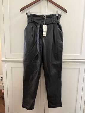 Lucy Paris Black Faux Leather Paperbag Waist Straight Leg Pants